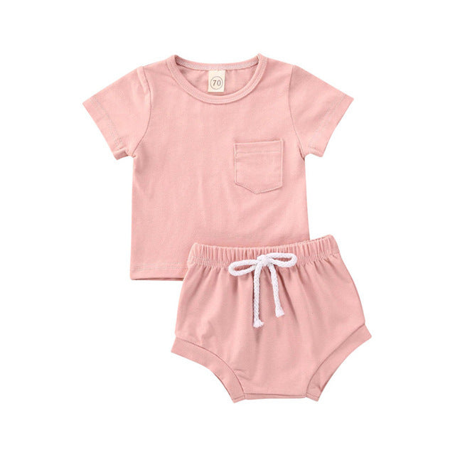 Hot Sale Baby Boy Summer Clothes Sets Casual Newborn Baby Girls Short Sleeve Pocket Pullover Top T-shirt Drawstrings Shorts 1-6Y