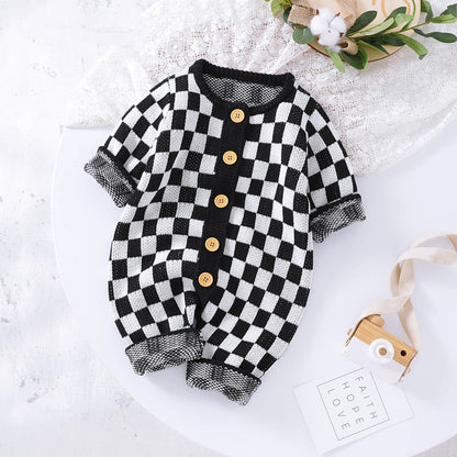 Ins New Chessboard Baby One-piece Garment Thousand Bird Pattern Knitting