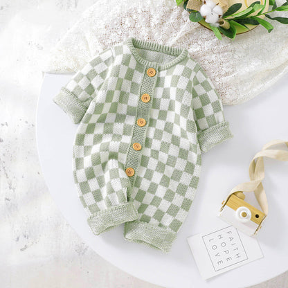 Ins New Chessboard Baby One-piece Garment Thousand Bird Pattern Knitting